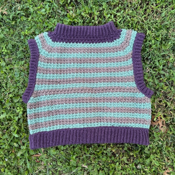 The Asset Sweaters - Handmade Tan and Green Striped Crochet Vest